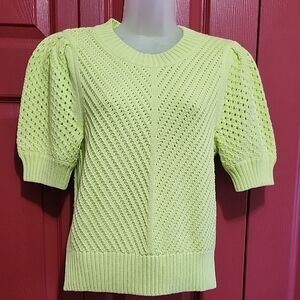 CAbi NWOT SzXS Neon Lime Open-Knit Puff Sleeve Top